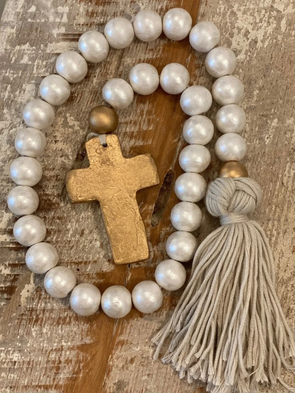 Small Blessing Bead Garland with Cross and Tassel  Materials: Wood  Beads, Clay,